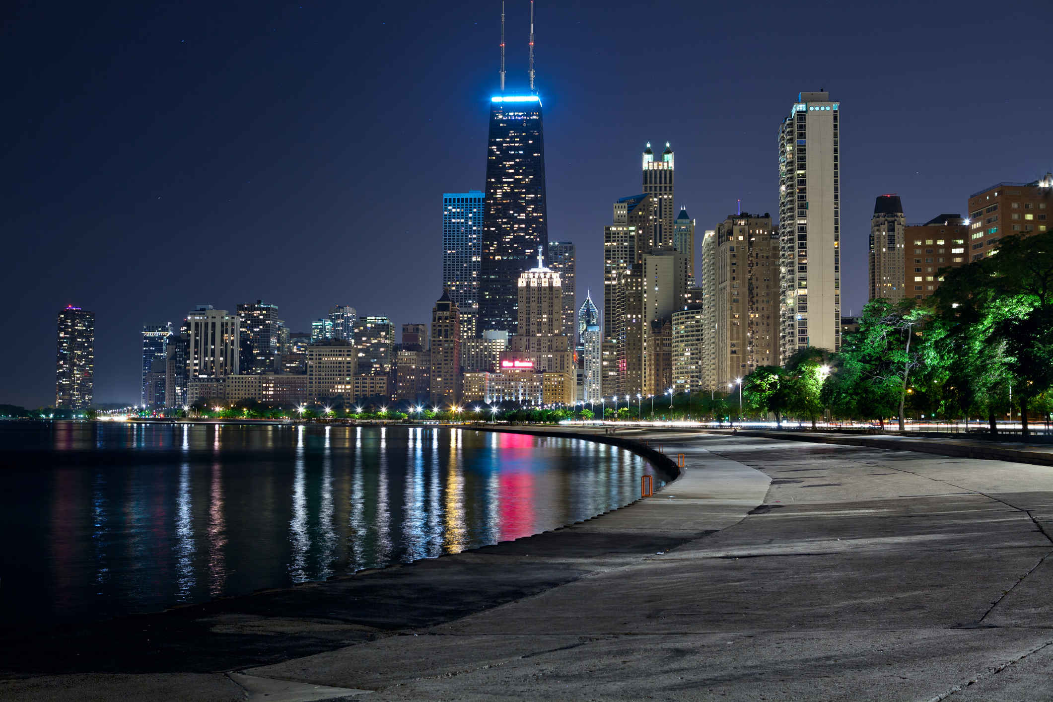 Chicago skyline from the lakefront at night